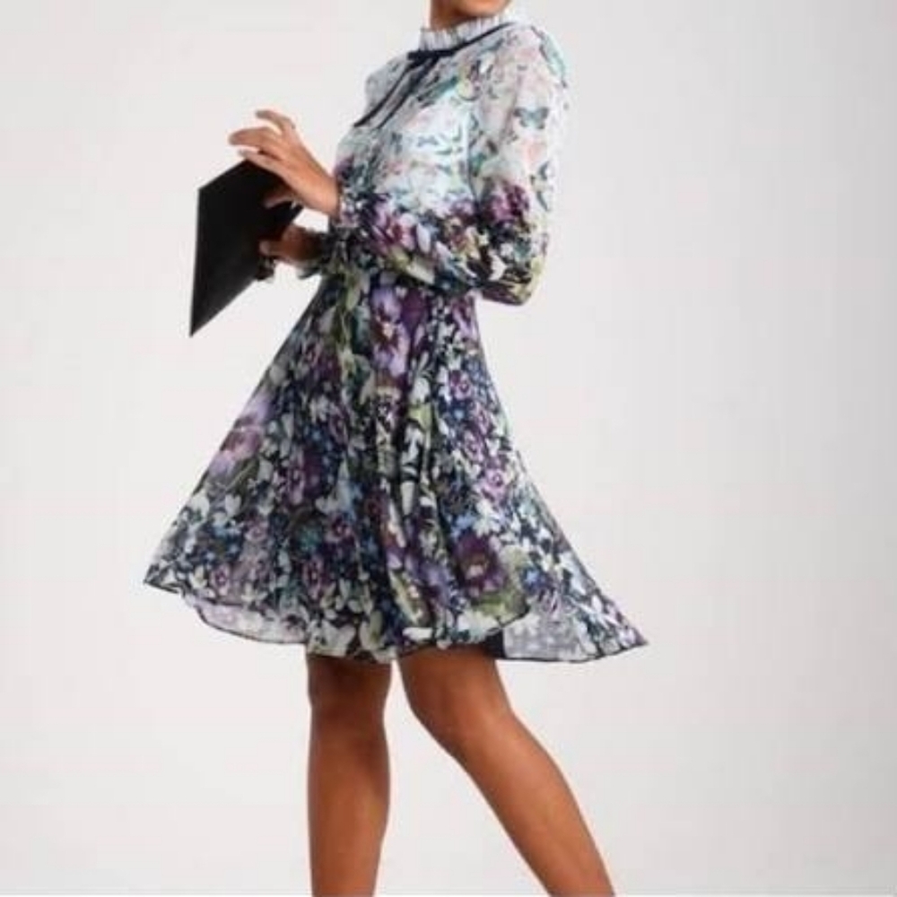 Ted Baker London Purple Floral A-Line Tie-Neck Dress